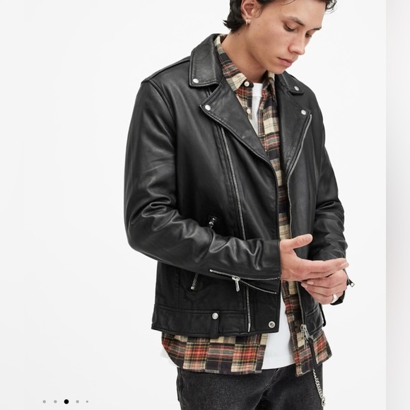 All Saints Milo Asymmetric Zip Leather Biker Jacket size Large. - Picture 1 of 13